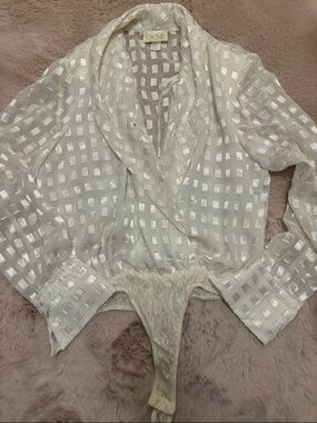 Caché Ivory Sheer Square-Pattern Wrap Bodysuit
